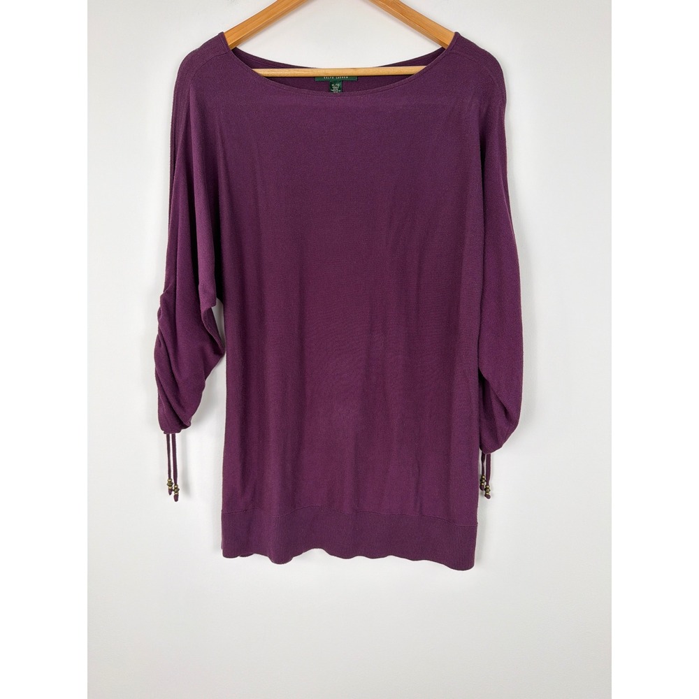 Lauren Ralph Lauren Sweater Women XL Purple Silk Cotton Ruched Sleeve Classic